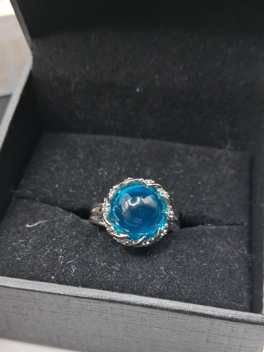 Silver Estate Ring with Blue Glass Cabochon Adjustable Band R828
